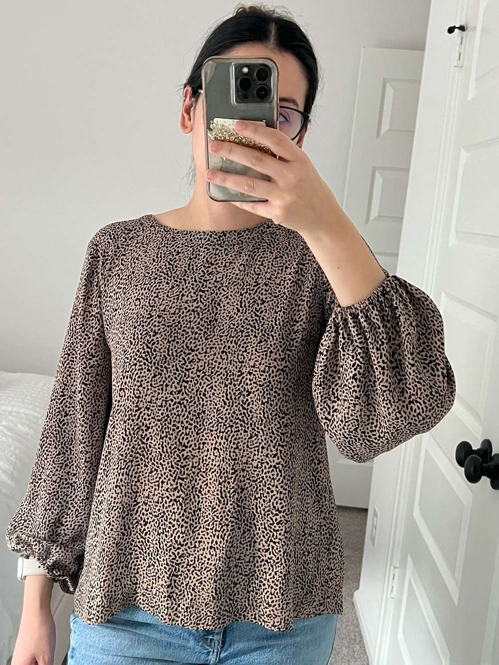 Ann Taylor Brown and Black Printed Puff-Sleeve Blouse